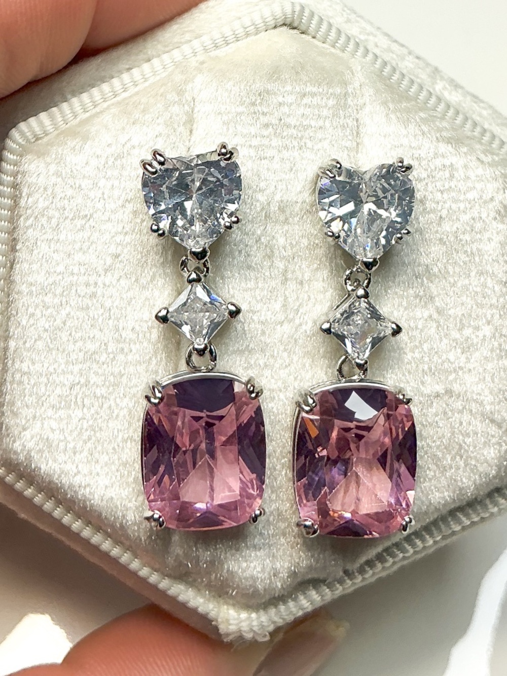 Pink Heart Cushion Cut Drop Earrings